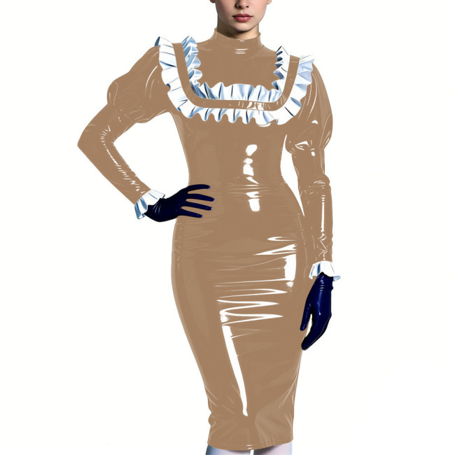 High Neck Puff Sleeve Glossy Bodycon Midi Dress Womens Ruffles Trim Sexy Club Party Dresses Shiny Fashion Fetish Outfit S-7XL