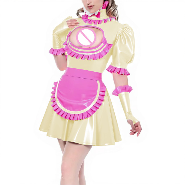 Sissy Puff Short Sleeve Pleated A-line Maid Dress with Ruffles Apron Gloves Latex-look PVC Leather Party Cosplay Maid Uniforms