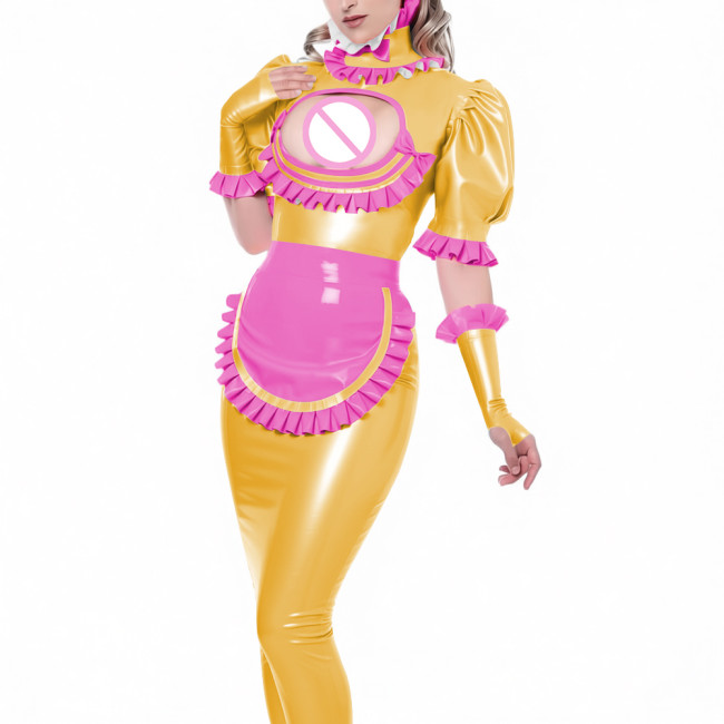 Sexy Vinyl PVC Leather Bodycon Long Maid Dress with Ruffles Collar Hollow Matching Gloves Sissy Fetish Party Cosplay Maid Outfit
