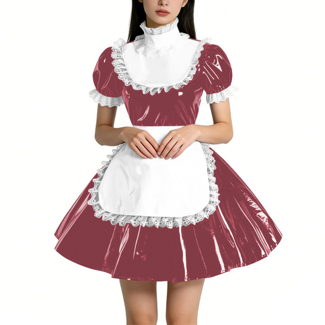 Sweet Vinyl PVC Leather Ruffles High Collar Mini Maid Dress Outfits Womens Puff Sleeve A-line Pleated Maid Uniform Crossdresser