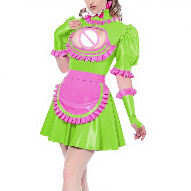 Sissy Puff Short Sleeve Pleated A-line Maid Dress with Ruffles Apron Gloves Latex-look PVC Leather Party Cosplay Maid Uniforms