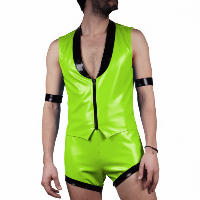 Mens Glossy PVC Leather Club Two-piece Outfit Wetlook Lapel Collar Sleeveless Jackets High Waist Shorts for Party Nightclub Wear