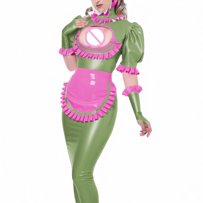 Sexy Vinyl PVC Leather Bodycon Long Maid Dress with Ruffles Collar Hollow Matching Gloves Sissy Fetish Party Cosplay Maid Outfit