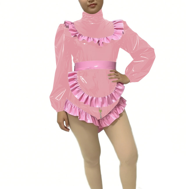 Sissy Lockable Halloween Maid Bodysuit with Ruffles Apron Long Sleeve High Neck PVC Glossy Leather Maid Rompers Cosplay Outfits