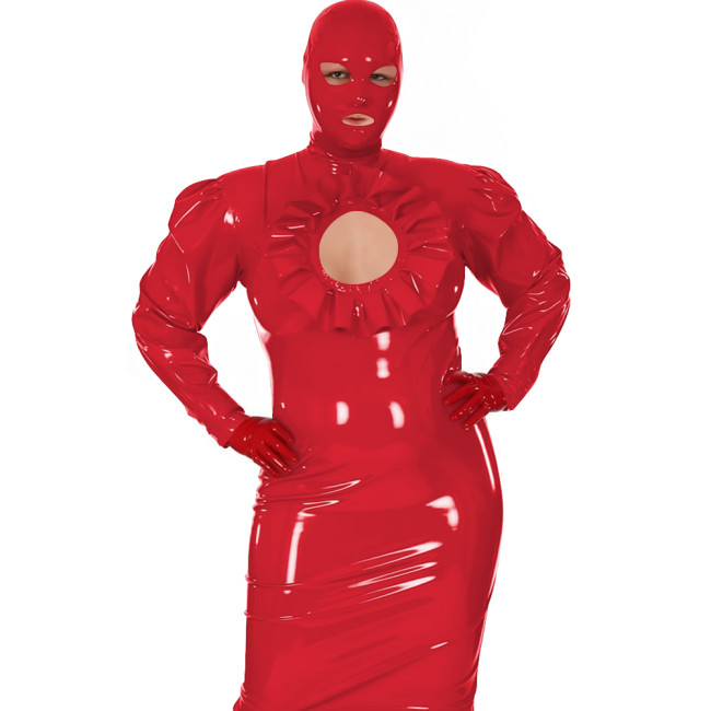 Latex-look PVC Maxi Dress for Women Glossy Long-Sleeve Bodycon Gown with Ruffle Cutout Sexy Club Party Shiny Erotic Hooded Dress