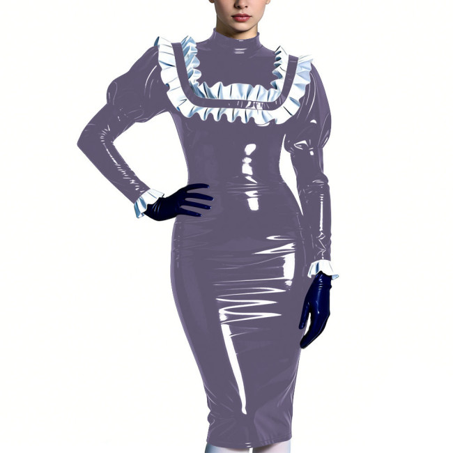 High Neck Puff Sleeve Glossy Bodycon Midi Dress Womens Ruffles Trim Sexy Club Party Dresses Shiny Fashion Fetish Outfit S-7XL