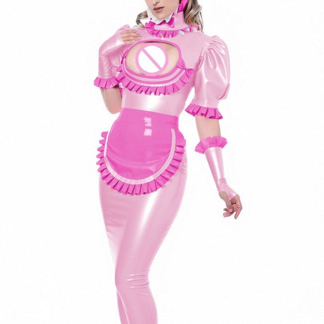 Sexy Vinyl PVC Leather Bodycon Long Maid Dress with Ruffles Collar Hollow Matching Gloves Sissy Fetish Party Cosplay Maid Outfit