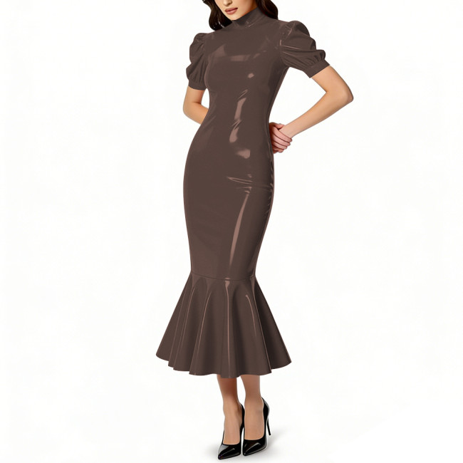Glossy PVC Leather Turtleneck Midi Mermaid Dress for Womens Shiny Elegant Party Formal Flared Hem Dresses Gown Female Vestidos
