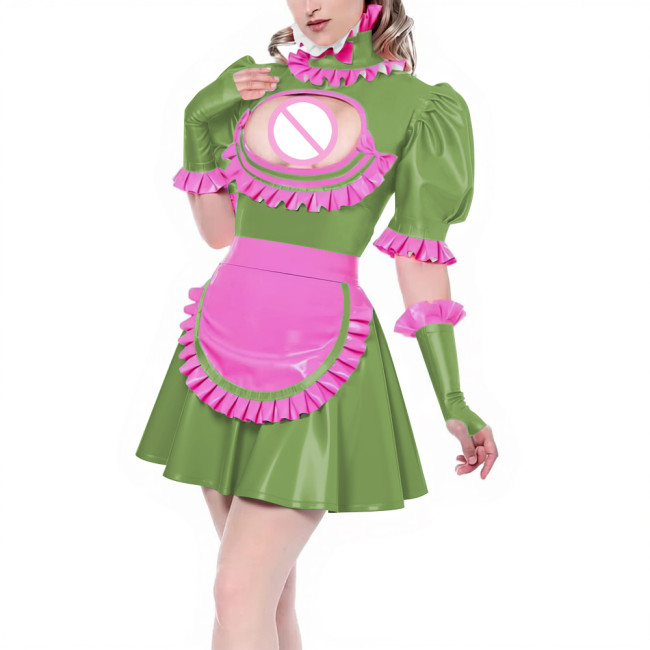 Sissy Puff Short Sleeve Pleated A-line Maid Dress with Ruffles Apron Gloves Latex-look PVC Leather Party Cosplay Maid Uniforms