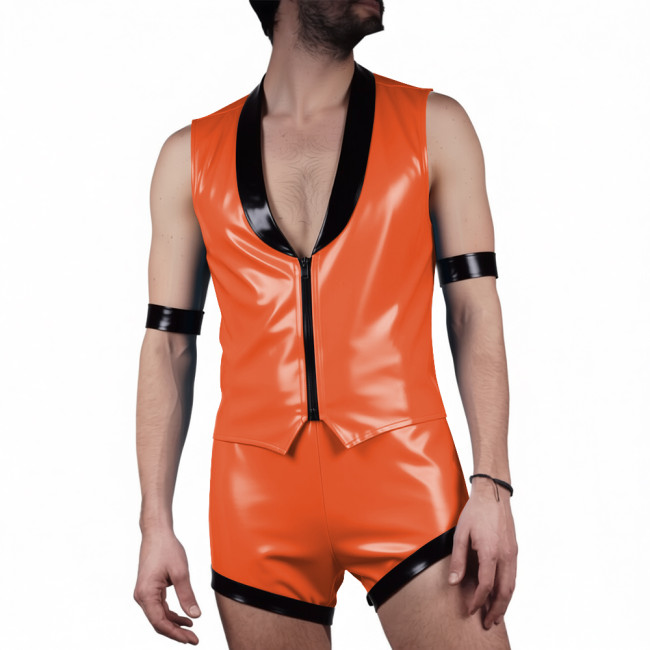 Mens Glossy PVC Leather Club Two-piece Outfit Wetlook Lapel Collar Sleeveless Jackets High Waist Shorts for Party Nightclub Wear