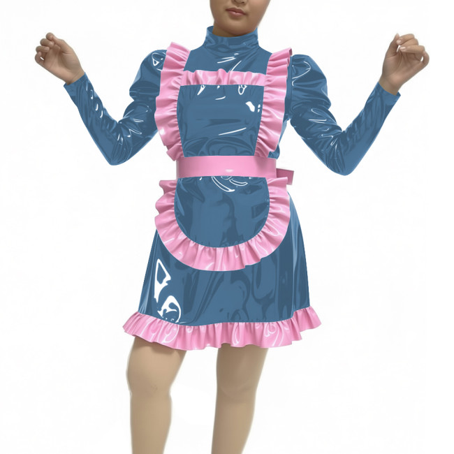 Adult Women Sexy PVC Faux Leather Maid Uniform Wetlook Long Sleeve A-line Maid Outfit Halloween Cosplay Party Fancy Maid Costume