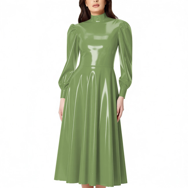PVC Glossy Latex-look Midi Dress for Women High Neck Puff Long Sleeve Shiny Party Dress Gown Ladies Pleated Dresses Clubwear
