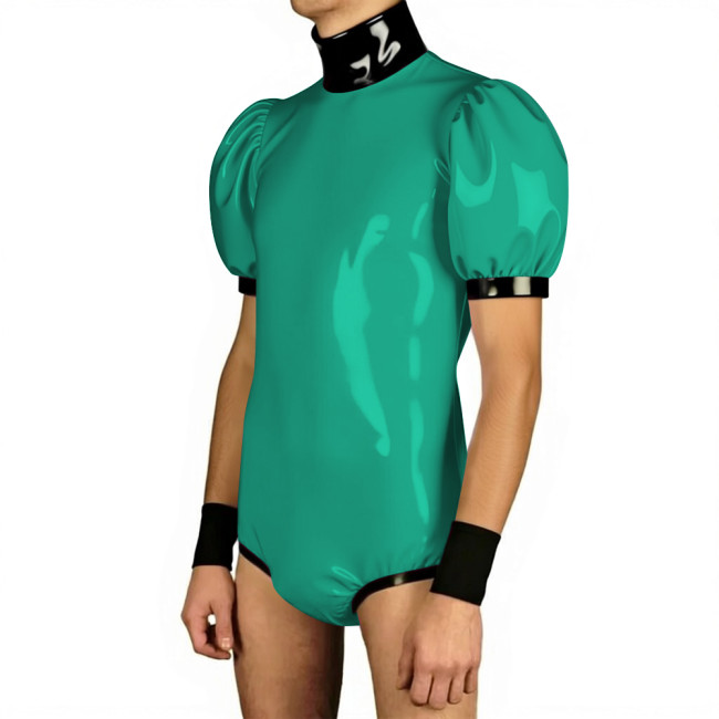 Mens Glossy Puff Sleeves PVC Bodysuit High Neck Patchwork Vinyl Leather One-piece Rompers Wetlook Male Leotard Party Clubwear