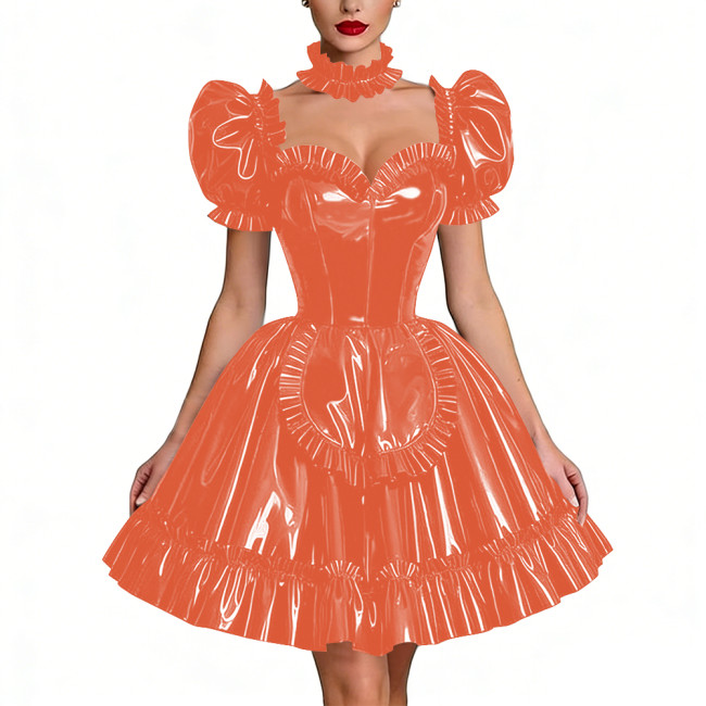 Glossy Latex-look Sissy Maid Dress French Pleated Maid Prom Dress Outfits Halloween PVC Leather Puff Sleeve Apron Party Dresses