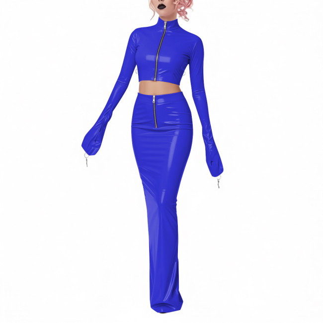 Exotic Shiny Latex-look 2-Piece Set PVC Leather Zipper Full Sleeve Crop Jacket High-Waisted Maxi Skirt Womens Club Party Outfit