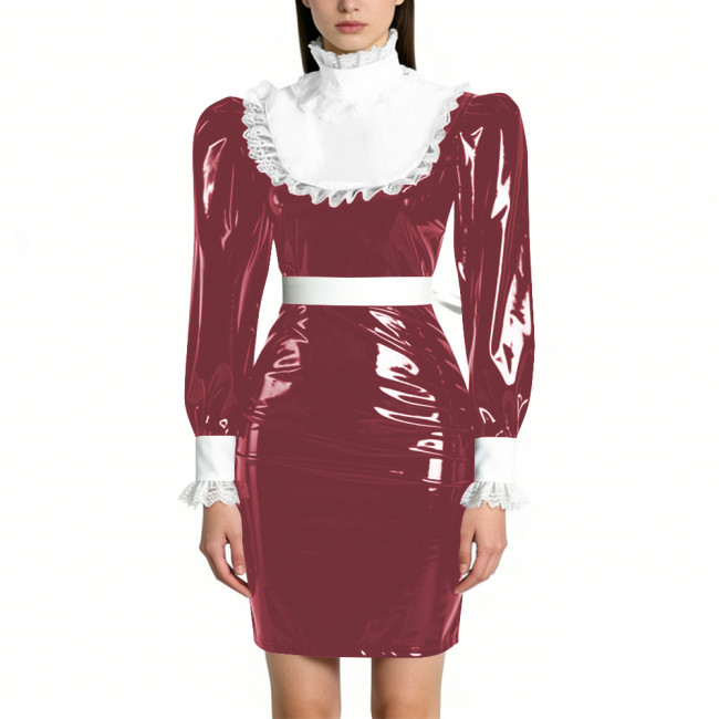Womens Elegant Maid Pencil Dress Ruffles Collar PVC Shiny Slim Dress for Waiter Party Cosplay Costume Sissy Wetlook Maid Outfits