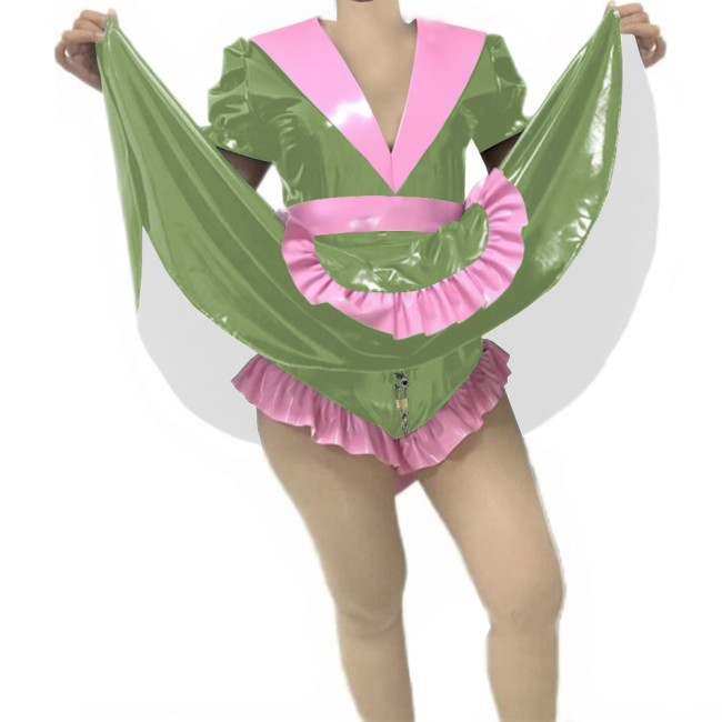 Adult Sissy Vinyl PVC Leather Skirted Bodysuit Deep V-neck Patchwork Pleated Maid Dresses Glossy Lockable Cosplay Maid Uniform