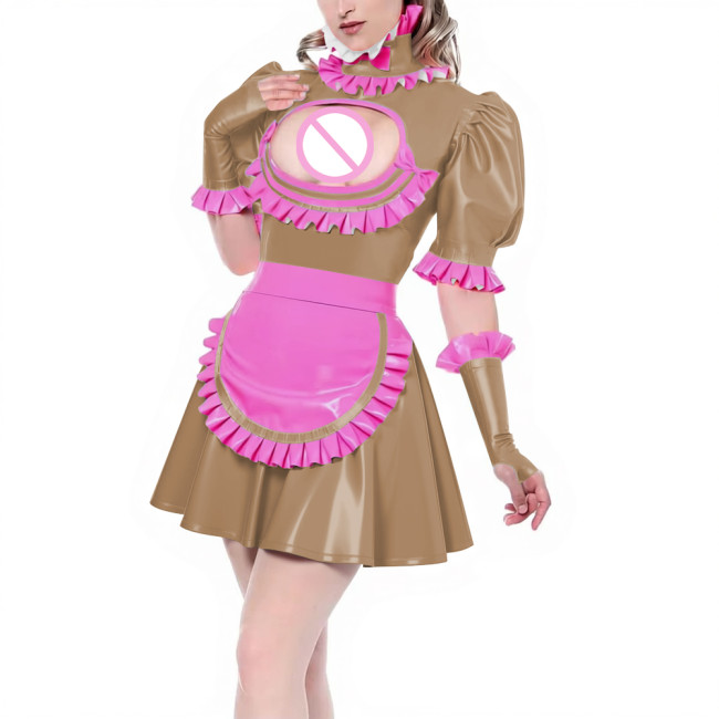 Sissy Puff Short Sleeve Pleated A-line Maid Dress with Ruffles Apron Gloves Latex-look PVC Leather Party Cosplay Maid Uniforms