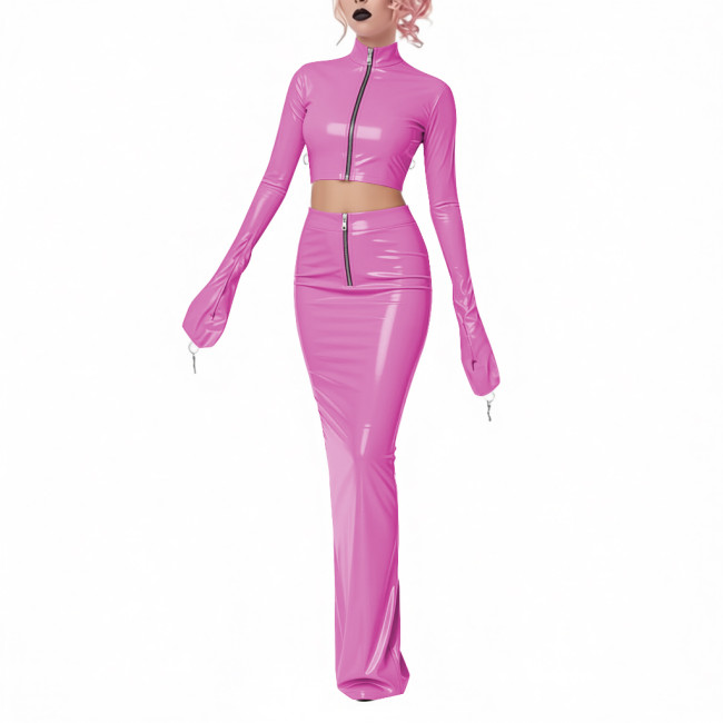 Exotic Shiny Latex-look 2-Piece Set PVC Leather Zipper Full Sleeve Crop Jacket High-Waisted Maxi Skirt Womens Club Party Outfit