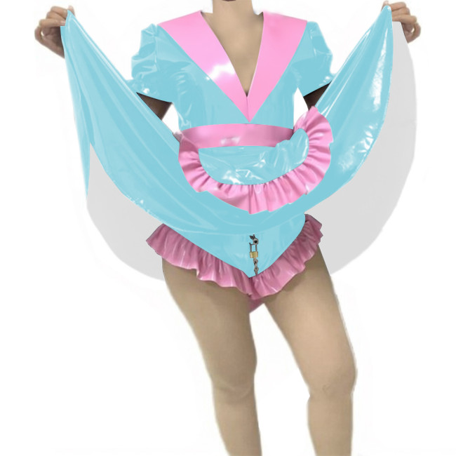 Adult Sissy Vinyl PVC Leather Skirted Bodysuit Deep V-neck Patchwork Pleated Maid Dresses Glossy Lockable Cosplay Maid Uniform
