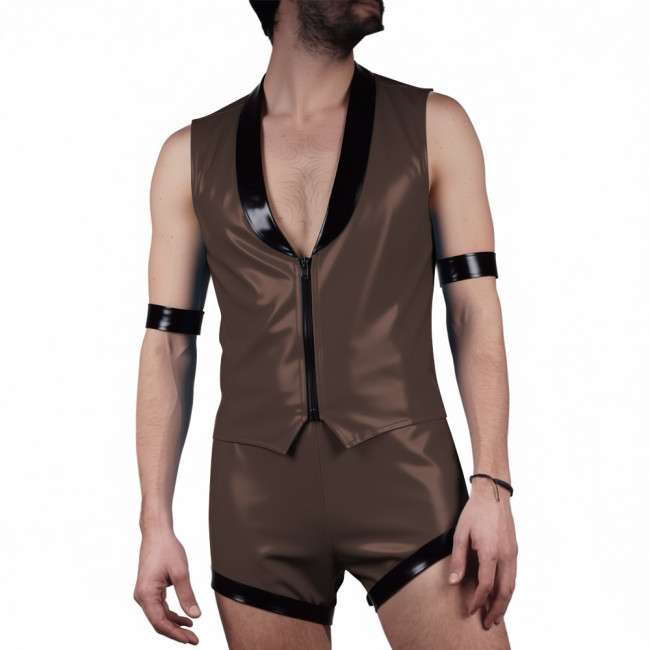Mens Glossy PVC Leather Club Two-piece Outfit Wetlook Lapel Collar Sleeveless Jackets High Waist Shorts for Party Nightclub Wear