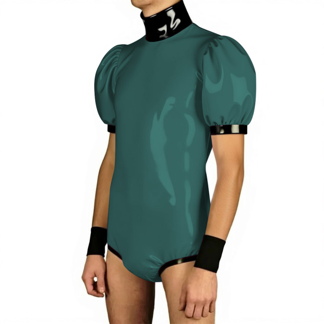 Mens Glossy Puff Sleeves PVC Bodysuit High Neck Patchwork Vinyl Leather One-piece Rompers Wetlook Male Leotard Party Clubwear