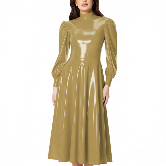 PVC Glossy Latex-look Midi Dress for Women High Neck Puff Long Sleeve Shiny Party Dress Gown Ladies Pleated Dresses Clubwear