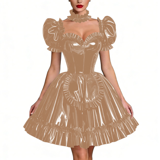 Glossy Latex-look Sissy Maid Dress French Pleated Maid Prom Dress Outfits Halloween PVC Leather Puff Sleeve Apron Party Dresses