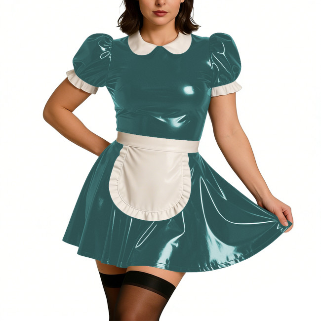 Ladies Sweet Mini Maid Dress Wetlook PVC Leather Apron Maid Uniform Halloween Party Cosplay French Butler Cook Maid Fancy Dress