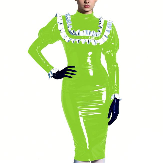 High Neck Puff Sleeve Glossy Bodycon Midi Dress Womens Ruffles Trim Sexy Club Party Dresses Shiny Fashion Fetish Outfit S-7XL