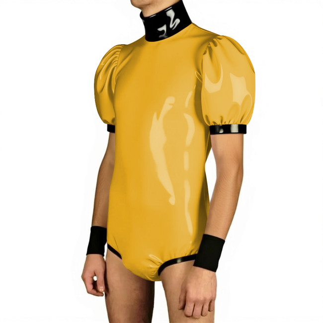 Mens Glossy Puff Sleeves PVC Bodysuit High Neck Patchwork Vinyl Leather One-piece Rompers Wetlook Male Leotard Party Clubwear