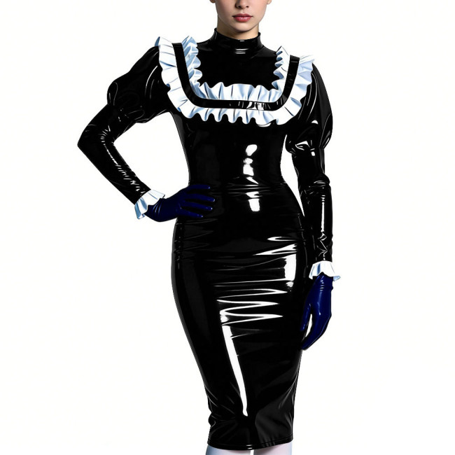 High Neck Puff Sleeve Glossy Bodycon Midi Dress Womens Ruffles Trim Sexy Club Party Dresses Shiny Fashion Fetish Outfit S-7XL