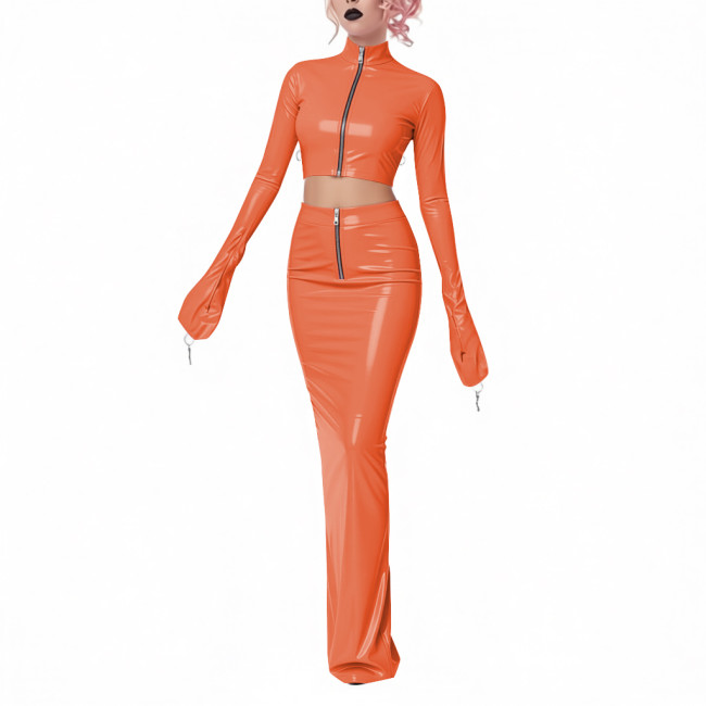 Exotic Shiny Latex-look 2-Piece Set PVC Leather Zipper Full Sleeve Crop Jacket High-Waisted Maxi Skirt Womens Club Party Outfit