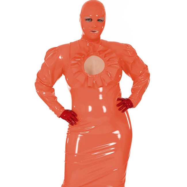 Latex-look PVC Maxi Dress for Women Glossy Long-Sleeve Bodycon Gown with Ruffle Cutout Sexy Club Party Shiny Erotic Hooded Dress