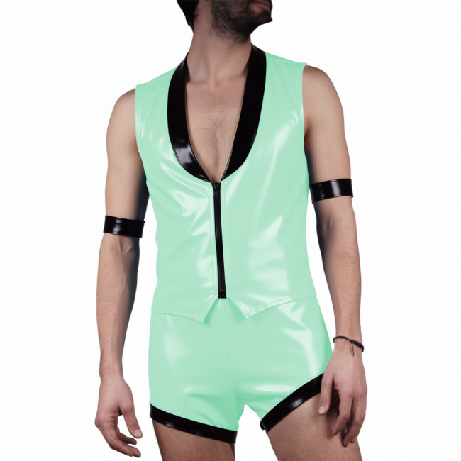 Mens Glossy PVC Leather Club Two-piece Outfit Wetlook Lapel Collar Sleeveless Jackets High Waist Shorts for Party Nightclub Wear