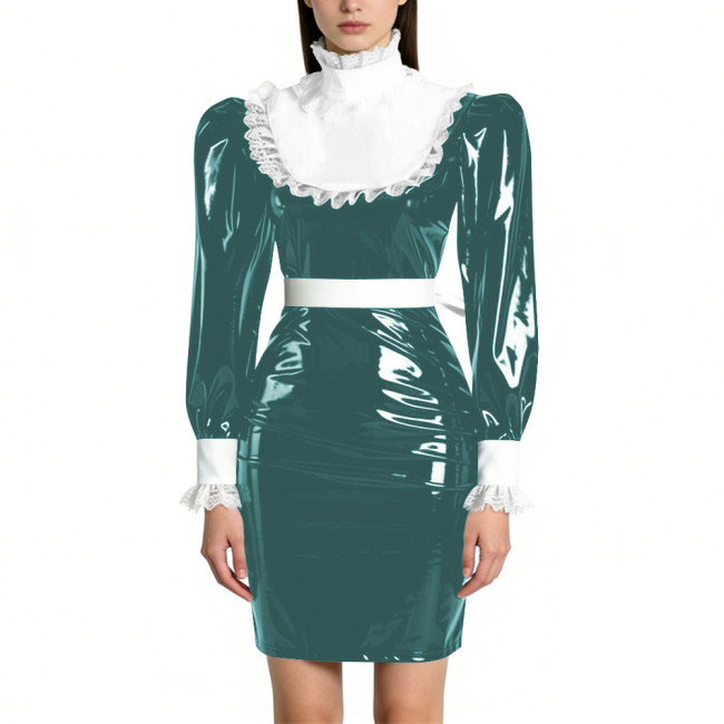 Womens Elegant Maid Pencil Dress Ruffles Collar PVC Shiny Slim Dress for Waiter Party Cosplay Costume Sissy Wetlook Maid Outfits