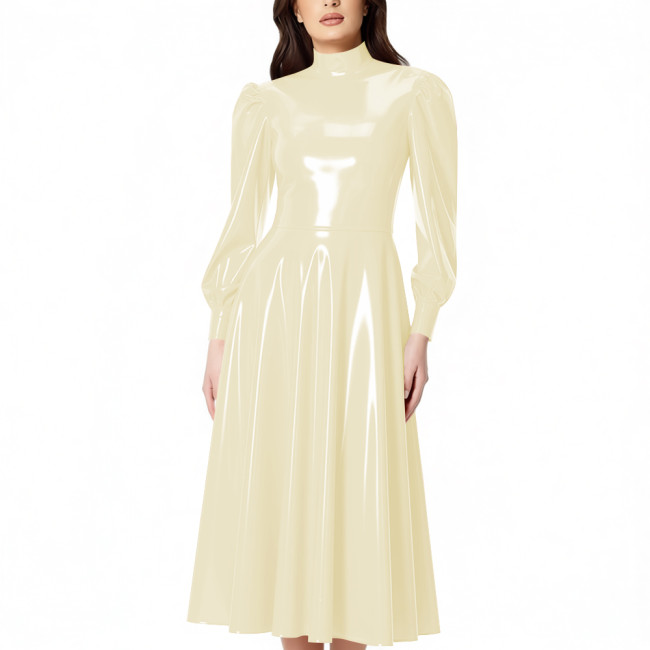 PVC Glossy Latex-look Midi Dress for Women High Neck Puff Long Sleeve Shiny Party Dress Gown Ladies Pleated Dresses Clubwear