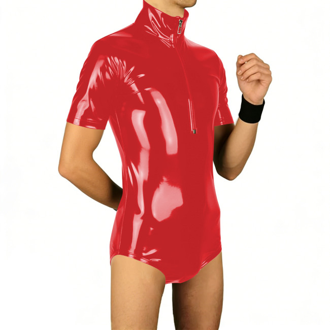 Mens Latex-look PVC Leather Bodysuit Solid Color Short Sleeve Glossy Male Rompers Wetlook Clubwear Fetish Party Cosplay Leotard