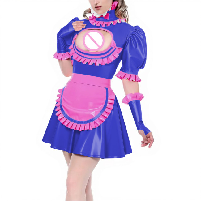 Sissy Puff Short Sleeve Pleated A-line Maid Dress with Ruffles Apron Gloves Latex-look PVC Leather Party Cosplay Maid Uniforms