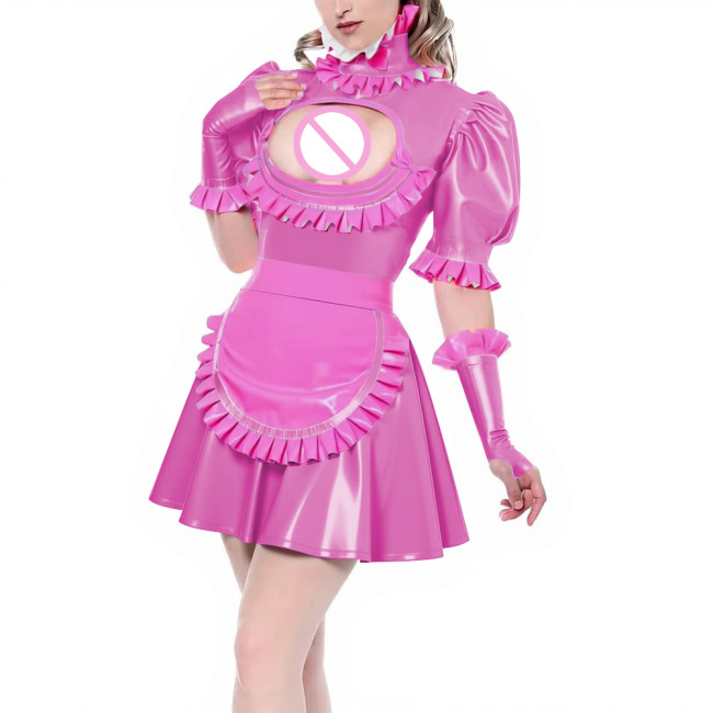Sissy Puff Short Sleeve Pleated A-line Maid Dress with Ruffles Apron Gloves Latex-look PVC Leather Party Cosplay Maid Uniforms