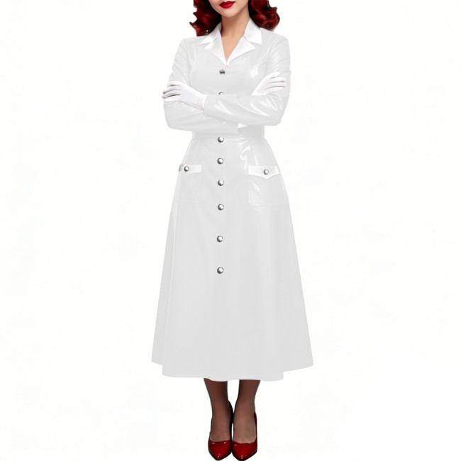 PVC Shiny Leather Single-breasted Nurse Dresses Turn-down Collar A-line Nurse Uniforms Halloween Doctor Nurse Cosplay Costume