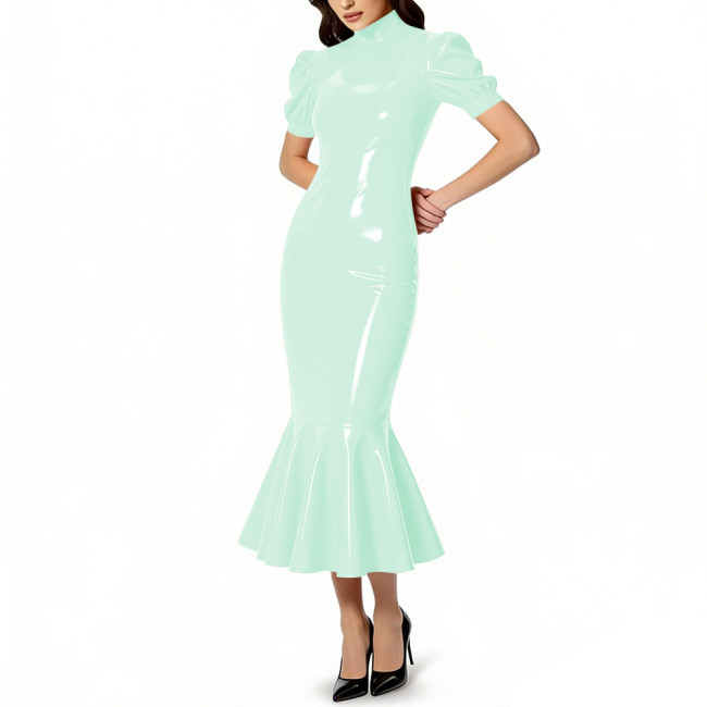 Glossy PVC Leather Turtleneck Midi Mermaid Dress for Womens Shiny Elegant Party Formal Flared Hem Dresses Gown Female Vestidos