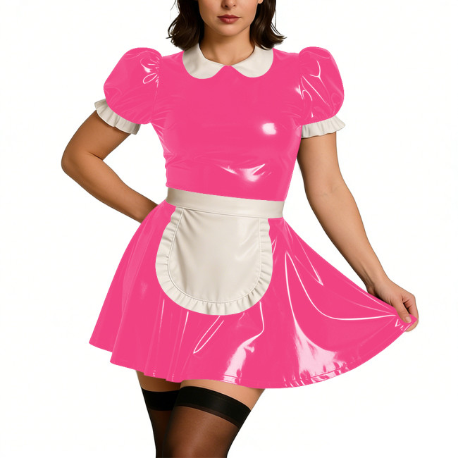 Ladies Sweet Mini Maid Dress Wetlook PVC Leather Apron Maid Uniform Halloween Party Cosplay French Butler Cook Maid Fancy Dress