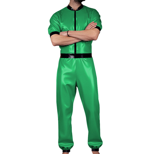 Wet Look PVC Mens Jumpsuit Glossy Leather Club Cosplay Catsuit Male Zipper Front Short Sleeve Trousers Romper Party Stage Wear