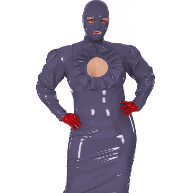 Latex-look PVC Maxi Dress for Women Glossy Long-Sleeve Bodycon Gown with Ruffle Cutout Sexy Club Party Shiny Erotic Hooded Dress