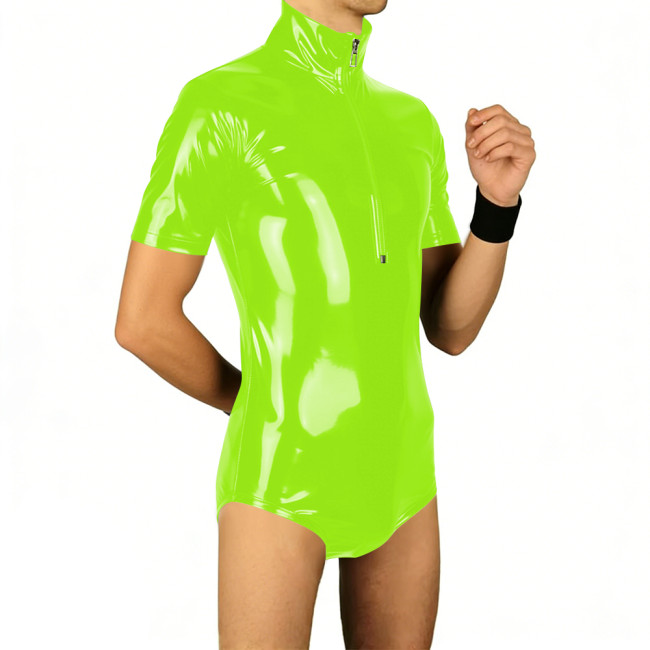 Mens Latex-look PVC Leather Bodysuit Solid Color Short Sleeve Glossy Male Rompers Wetlook Clubwear Fetish Party Cosplay Leotard