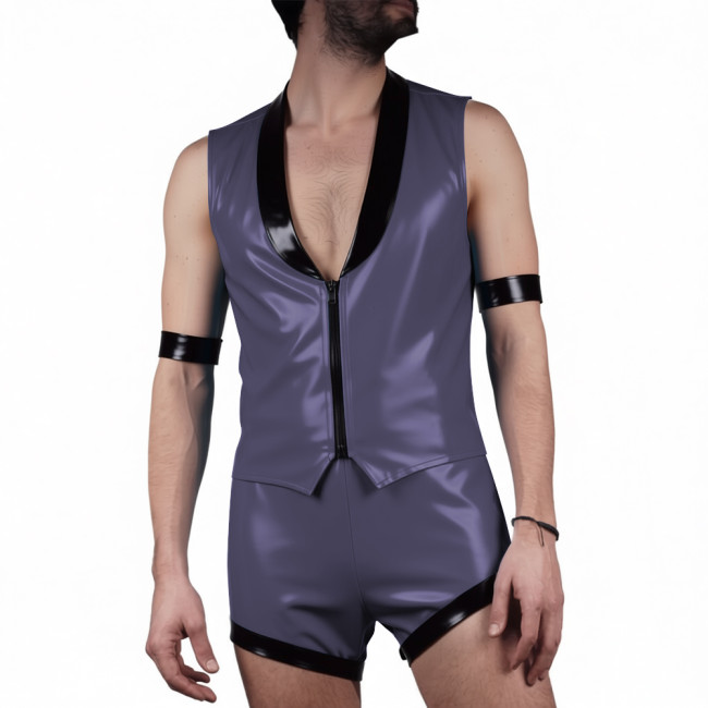 Mens Glossy PVC Leather Club Two-piece Outfit Wetlook Lapel Collar Sleeveless Jackets High Waist Shorts for Party Nightclub Wear