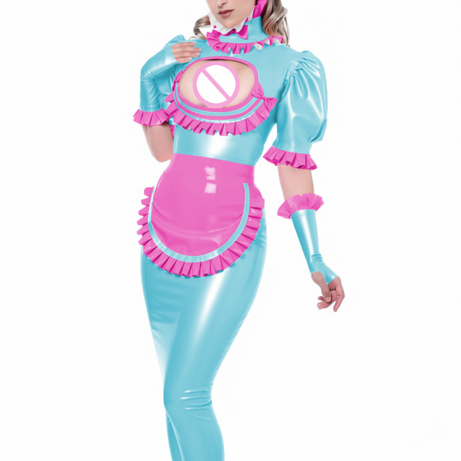 Sexy Vinyl PVC Leather Bodycon Long Maid Dress with Ruffles Collar Hollow Matching Gloves Sissy Fetish Party Cosplay Maid Outfit