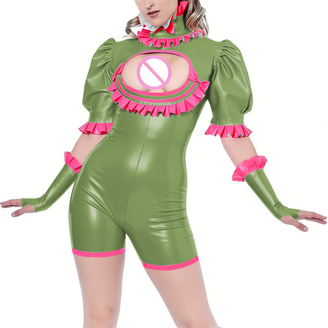 Sissy Sexy PVC Shiny Leather Bodysuit Sets Adult Ruffles Collar Exotic Hollow Romper with Gloves Wetlook Nightclub Stage Outfit