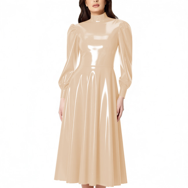 PVC Glossy Latex-look Midi Dress for Women High Neck Puff Long Sleeve Shiny Party Dress Gown Ladies Pleated Dresses Clubwear